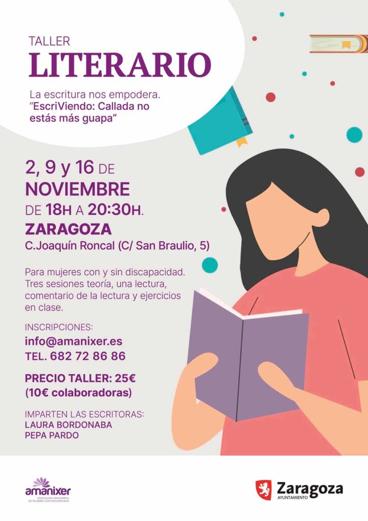 Cartel del Taller literario sobre discapacidad en Zaragoza