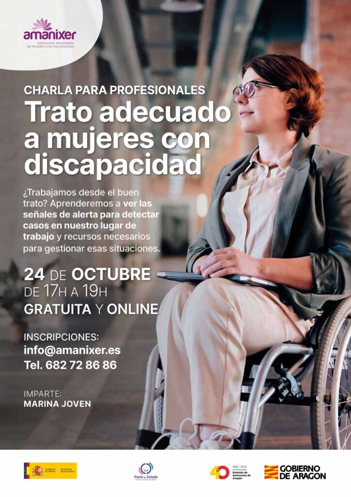 Cartel de la Charla a profesionales sobre trato adecuado a mujeres con discapacidad