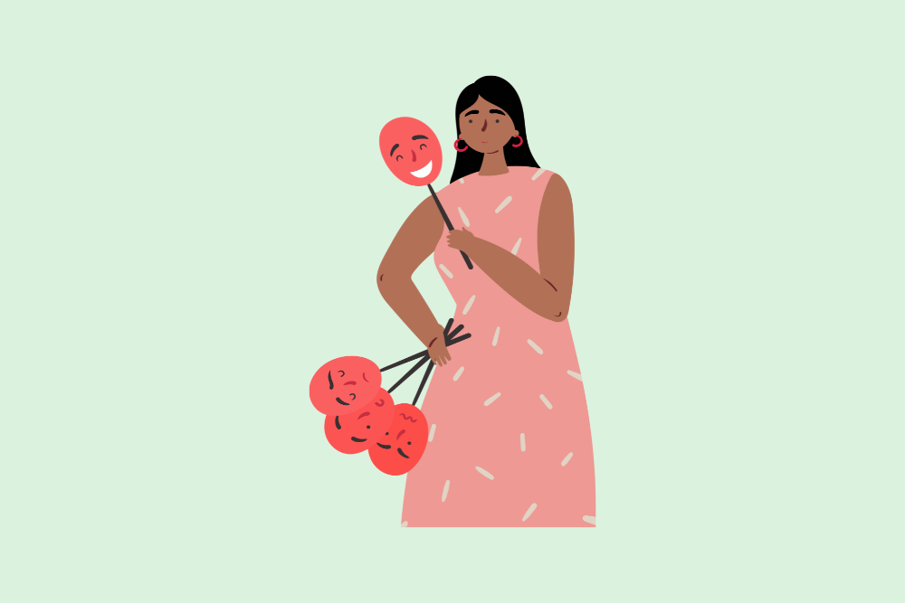 Ilustración de mujer con varias caretas en la mano