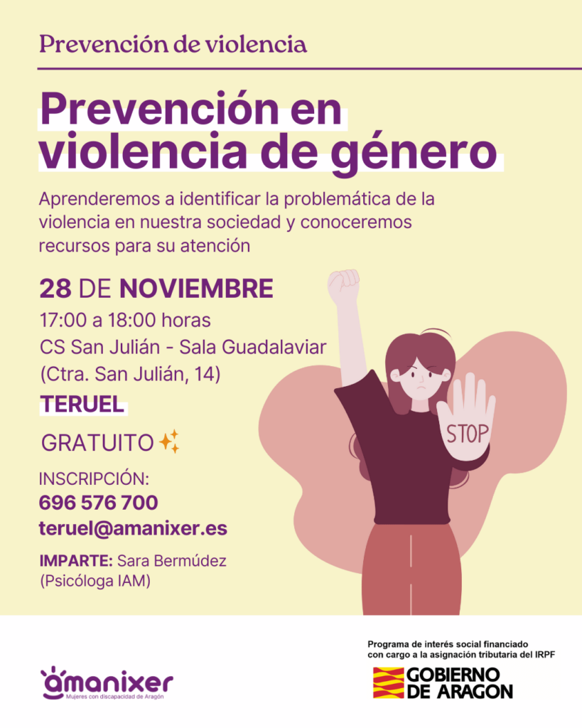 Cartel sobre la charla de prevención de violencia de género en Teruel