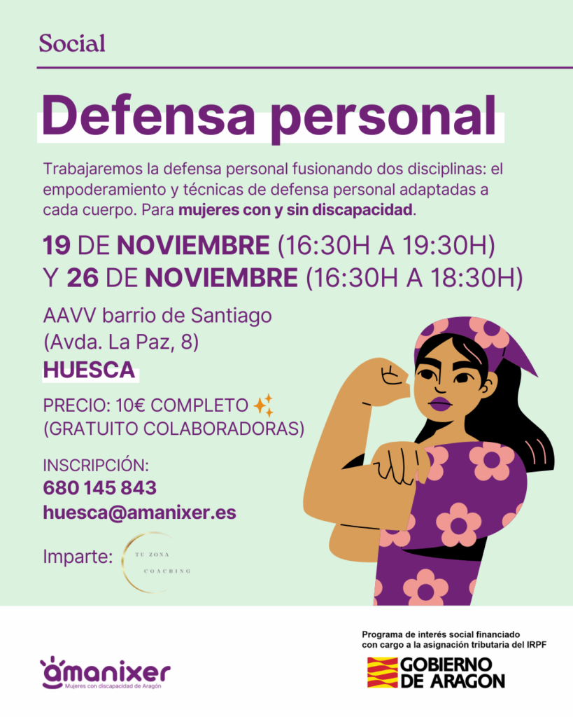 Cartel del taller de defensa personal para mujeres en Huesca