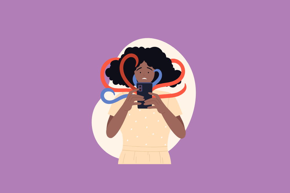 Ilustración de mujer con teléfono móvil del que salen manos y le atrapan