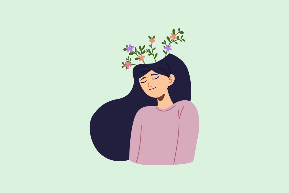 Ilustración de mujer contenta con flores que salen del interior de su cabeza