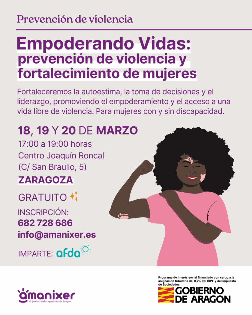 Cartel del taller de prevención de violencia en mujeres en Zaragoza