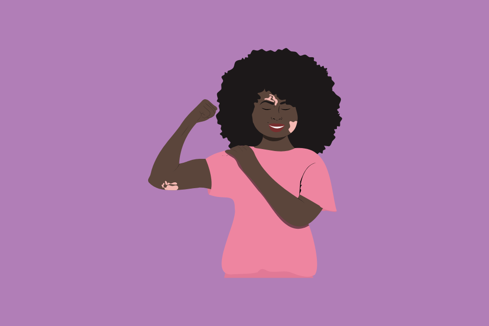 Ilustración mujer negra con vitíligo levantando el brazo haciendo el gesto de fuerza y empoderamiento